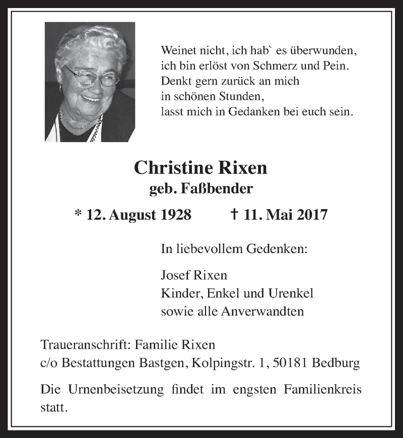  Traueranzeige für Christine Rixen vom 17.05.2017 aus  Werbepost 