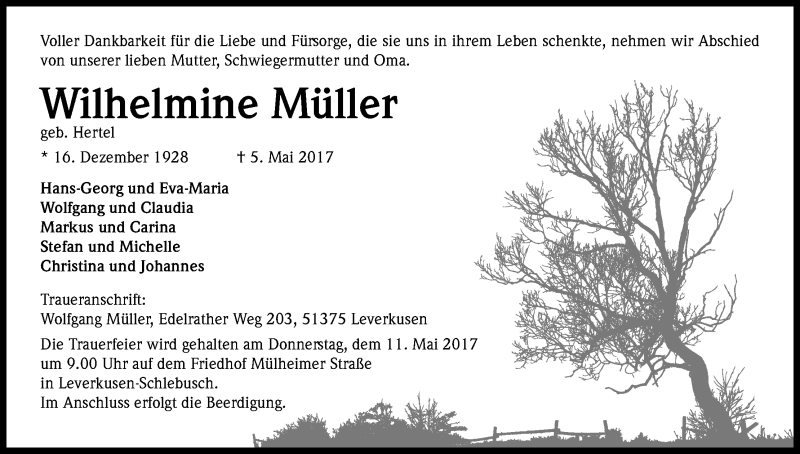  Traueranzeige für Wilhelmine Müller vom 09.05.2017 aus Kölner Stadt-Anzeiger / Kölnische Rundschau / Express