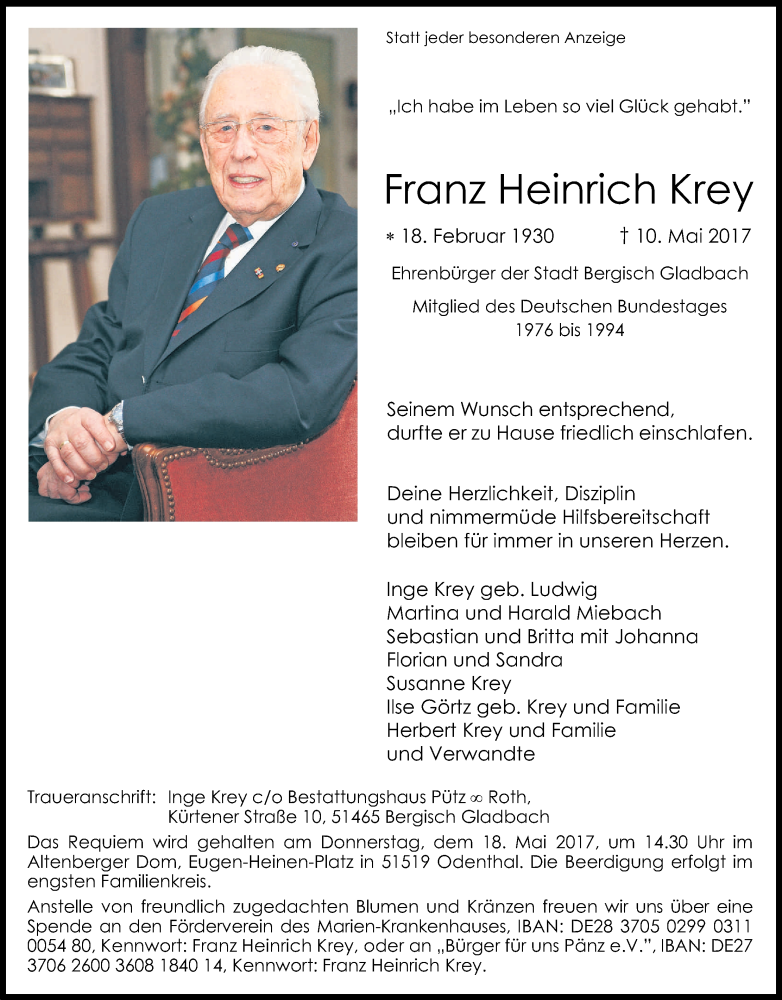  Traueranzeige für Franz Heinrich Krey vom 16.05.2017 aus Kölner Stadt-Anzeiger / Kölnische Rundschau / Express