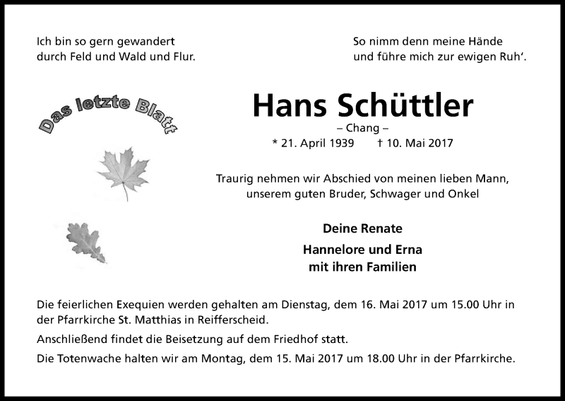  Traueranzeige für Hans Schüttler vom 12.05.2017 aus Kölner Stadt-Anzeiger / Kölnische Rundschau / Express
