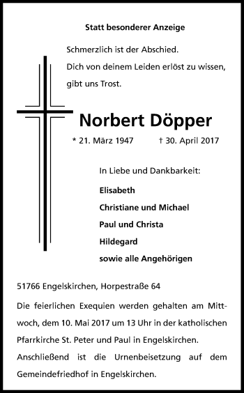 Anzeige von Norbert Döpper von Kölner Stadt-Anzeiger / Kölnische Rundschau / Express