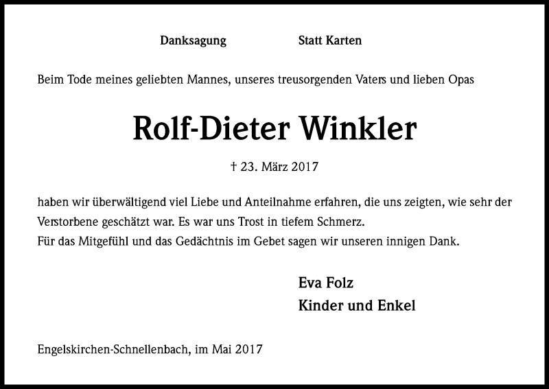  Traueranzeige für Rolf-Dieter Winkler vom 12.05.2017 aus Kölner Stadt-Anzeiger / Kölnische Rundschau / Express