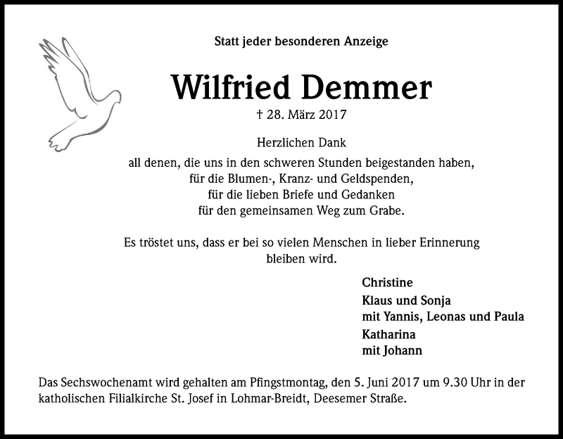  Traueranzeige für Wilfried Demmer vom 27.05.2017 aus Kölner Stadt-Anzeiger / Kölnische Rundschau / Express