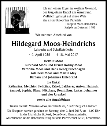 Anzeige von Hildegard Moos-Heindrichs von Kölner Stadt-Anzeiger / Kölnische Rundschau / Express