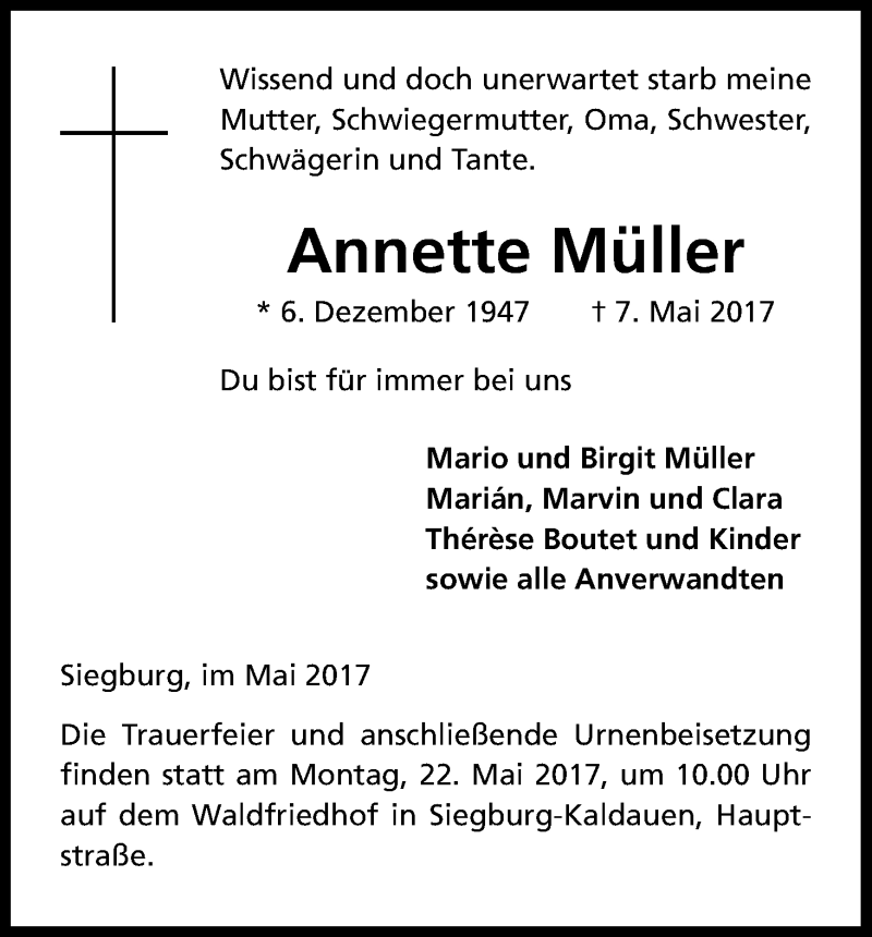  Traueranzeige für Annette Müller vom 18.05.2017 aus Kölner Stadt-Anzeiger / Kölnische Rundschau / Express