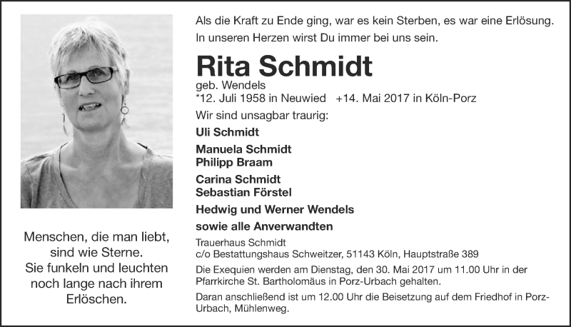  Traueranzeige für Rita Schmidt vom 24.05.2017 aus  Kölner Wochenspiegel 