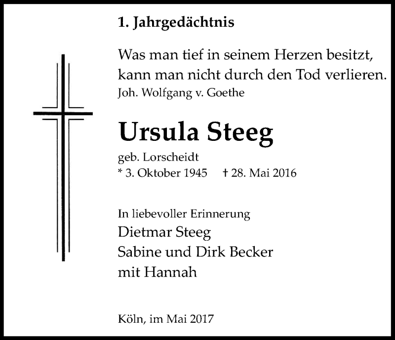  Traueranzeige für Ursula Steeg vom 27.05.2017 aus Kölner Stadt-Anzeiger / Kölnische Rundschau / Express