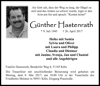 Anzeige von Günther Hastenrath von Kölner Stadt-Anzeiger / Kölnische Rundschau / Express