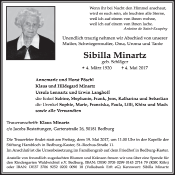 Anzeige von Sibilla Minartz von  Sonntags-Post 