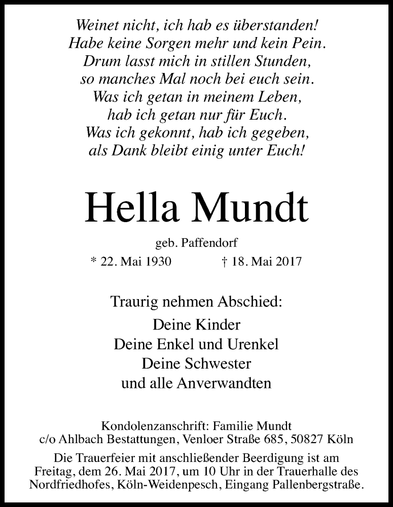  Traueranzeige für Hella Mundt vom 20.05.2017 aus Kölner Stadt-Anzeiger / Kölnische Rundschau / Express