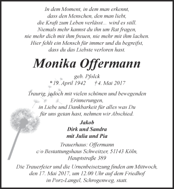 Anzeige von Monika Offermann von  Kölner Wochenspiegel 