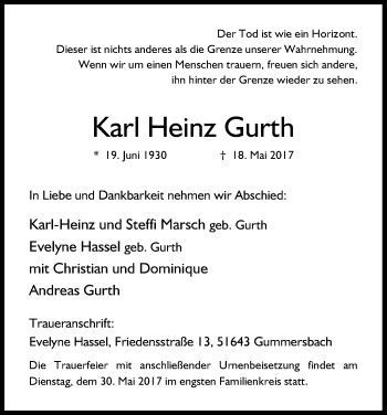 Anzeige von Karl Heinz Gurth von Kölner Stadt-Anzeiger / Kölnische Rundschau / Express