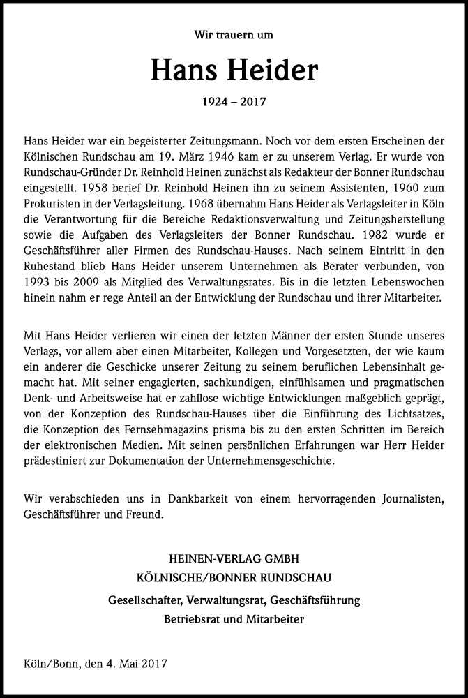  Traueranzeige für Hans Heider vom 10.05.2017 aus Kölner Stadt-Anzeiger / Kölnische Rundschau / Express