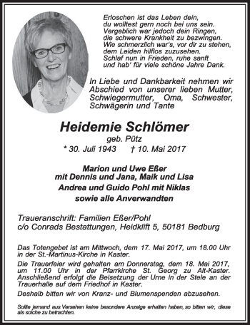 Anzeige von Heidemie Schlömer von  Sonntags-Post 