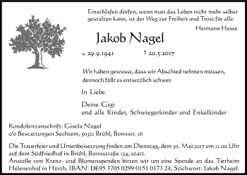 Anzeige von Jakob Nager von Kölner Stadt-Anzeiger / Kölnische Rundschau / Express