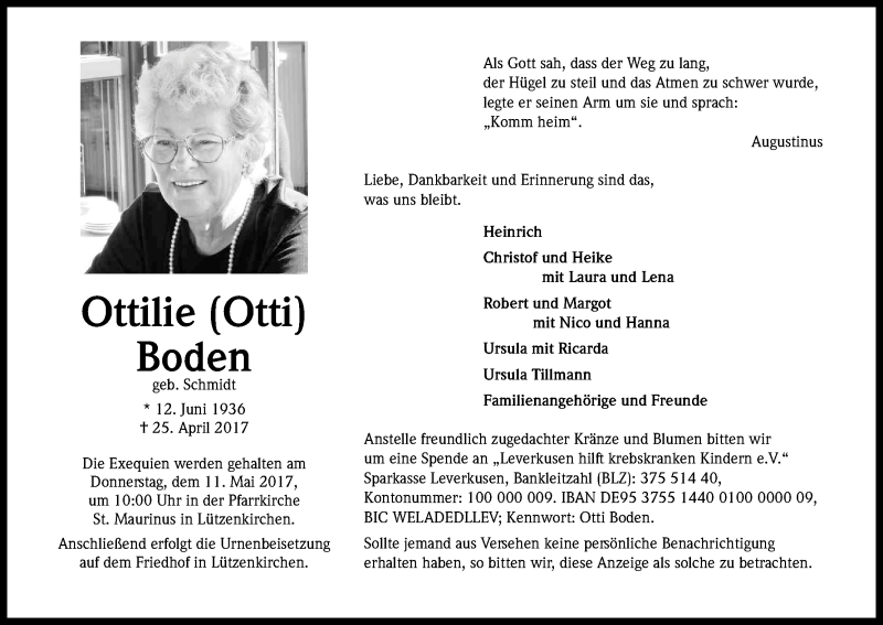  Traueranzeige für Ottilie Boden vom 03.05.2017 aus Kölner Stadt-Anzeiger / Kölnische Rundschau / Express