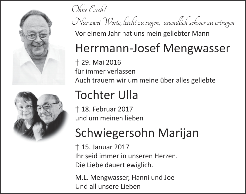  Traueranzeige für Hermann-Josef Mengwasser vom 27.05.2017 aus  Blickpunkt Euskirchen 