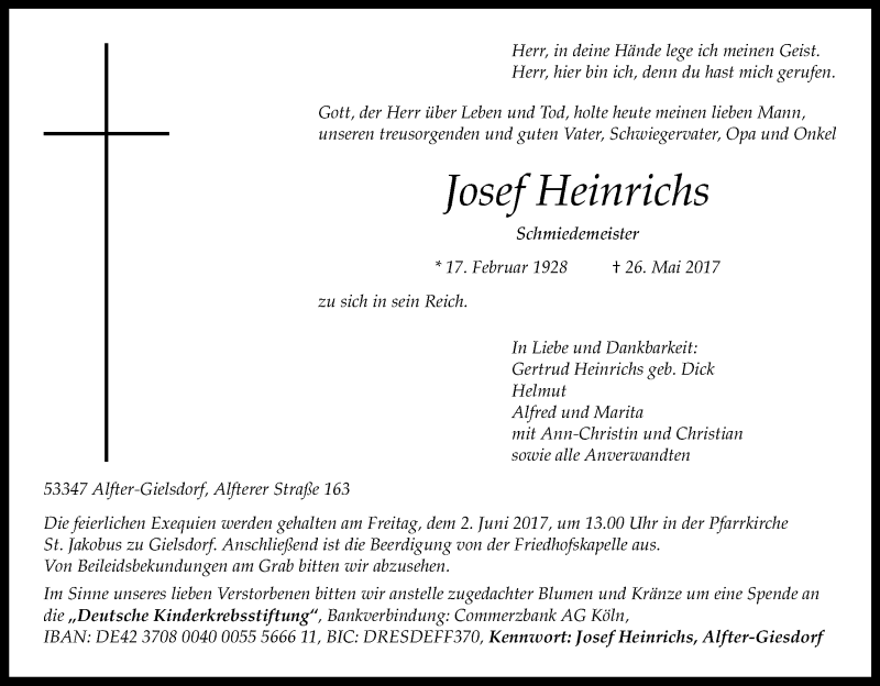  Traueranzeige für Josef Heinrichs vom 30.05.2017 aus Kölner Stadt-Anzeiger / Kölnische Rundschau / Express