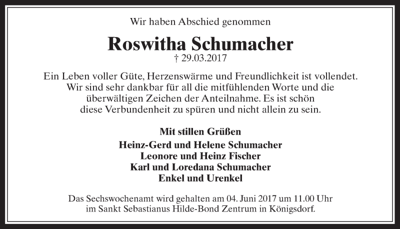  Traueranzeige für Roswitha Schumacher vom 24.05.2017 aus  Wochenende 