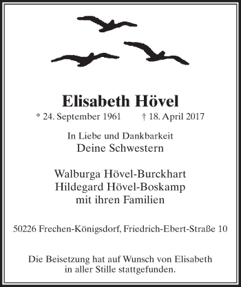 Anzeige von Elisabeth Hövel von  Sonntags-Post 