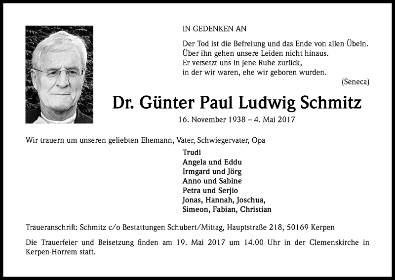  Traueranzeige für Günter Paul Ludwig Schmitz vom 13.05.2017 aus Kölner Stadt-Anzeiger / Kölnische Rundschau / Express
