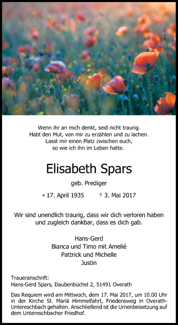 Anzeige von Elisabeth Spars von Kölner Stadt-Anzeiger / Kölnische Rundschau / Express