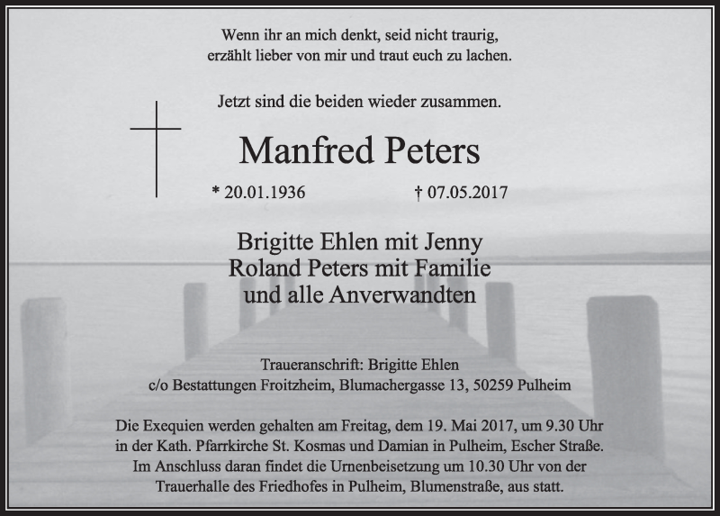  Traueranzeige für Manfred Peters vom 13.05.2017 aus  Sonntags-Post 