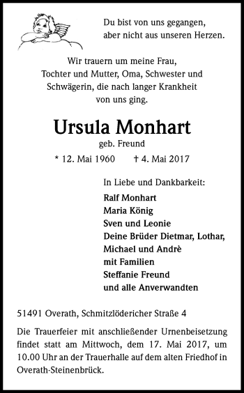 Anzeige von Ursula Monhart von Kölner Stadt-Anzeiger / Kölnische Rundschau / Express