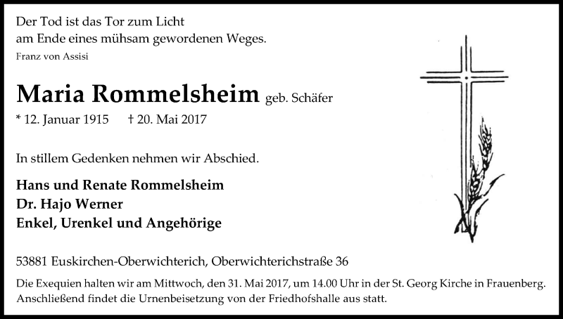  Traueranzeige für Maria Rommelsheim vom 27.05.2017 aus Kölner Stadt-Anzeiger / Kölnische Rundschau / Express