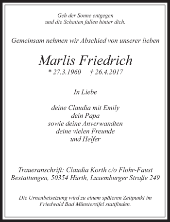Anzeige von Marlis Friedrich von  Wochenende 