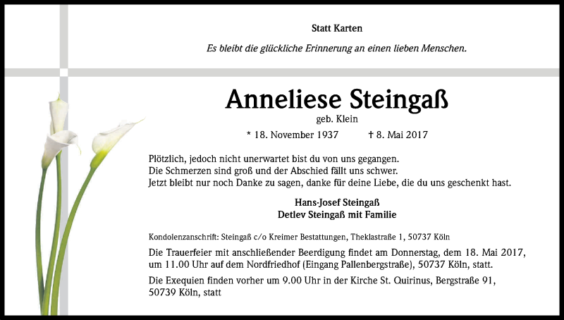  Traueranzeige für Anneliese Steingaß vom 13.05.2017 aus Kölner Stadt-Anzeiger / Kölnische Rundschau / Express
