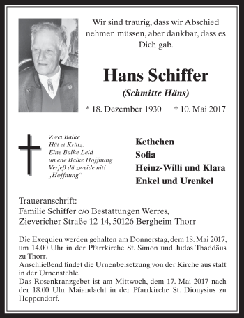 Anzeige von Hans Schiffer von  Werbepost 