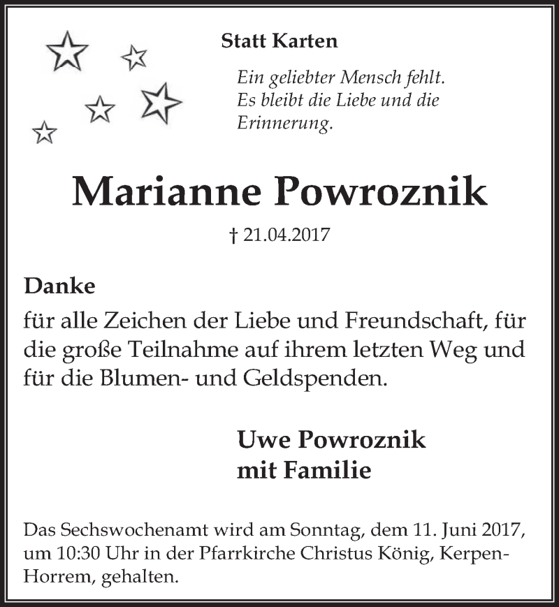  Traueranzeige für Marianne Powroznik vom 31.05.2017 aus  Werbepost 