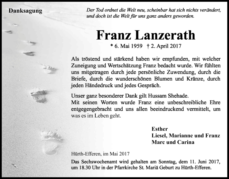  Traueranzeige für Franz Lanzerath vom 06.05.2017 aus Kölner Stadt-Anzeiger / Kölnische Rundschau / Express
