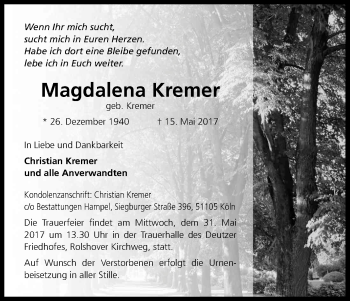 Anzeige von Magdalena Kremer von Kölner Stadt-Anzeiger / Kölnische Rundschau / Express