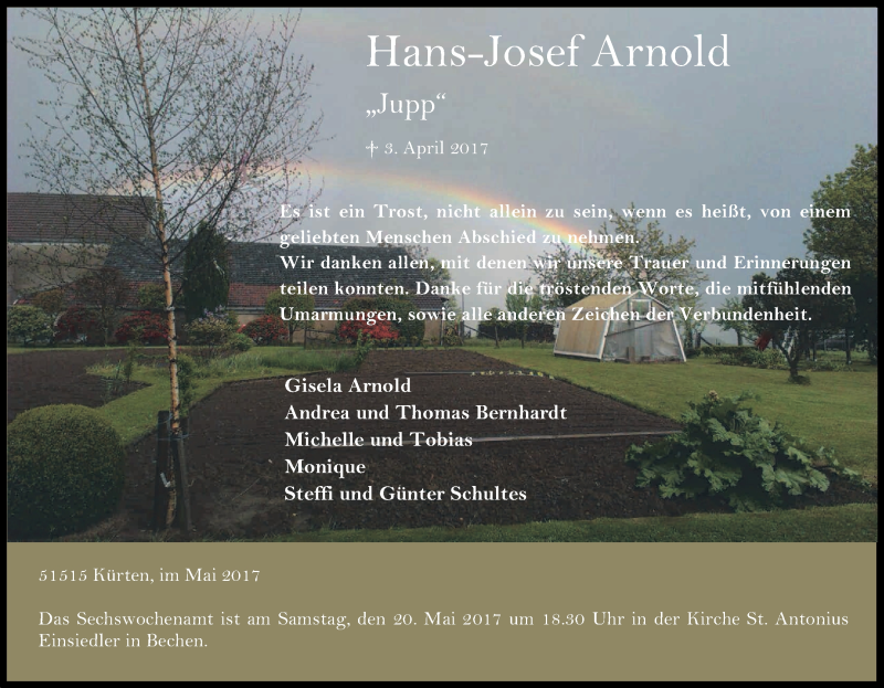  Traueranzeige für Hans-Josef Arnold vom 17.05.2017 aus Kölner Stadt-Anzeiger / Kölnische Rundschau / Express