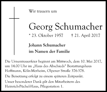 Anzeige von Georg Schumacher von Kölner Stadt-Anzeiger / Kölnische Rundschau / Express