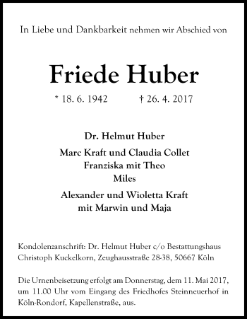 Anzeige von Friede Huber von Kölner Stadt-Anzeiger / Kölnische Rundschau / Express