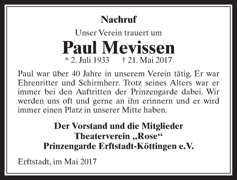  Traueranzeige für Paul Mevissen vom 31.05.2017 aus  Werbepost 