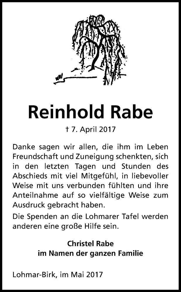  Traueranzeige für Reinhold Rabe vom 20.05.2017 aus Kölner Stadt-Anzeiger / Kölnische Rundschau / Express