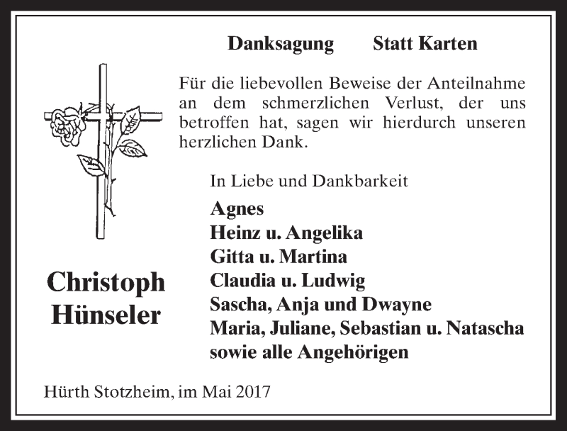  Traueranzeige für Christoph Hünseler vom 17.05.2017 aus  Wochenende 