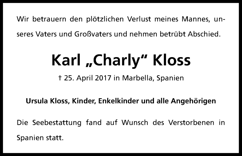  Traueranzeige für Karl Kloss vom 06.05.2017 aus Kölner Stadt-Anzeiger / Kölnische Rundschau / Express