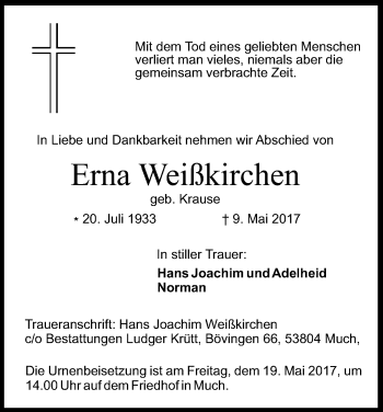 Anzeige von Erna Weißkirchen von Kölner Stadt-Anzeiger / Kölnische Rundschau / Express