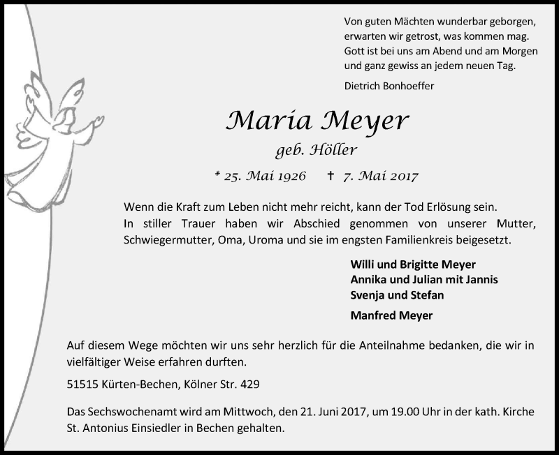  Traueranzeige für Maria Meyer vom 24.05.2017 aus Kölner Stadt-Anzeiger / Kölnische Rundschau / Express