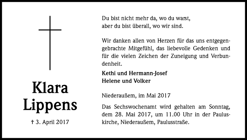 Traueranzeige für Klara Lippens vom 24.05.2017 aus Kölner Stadt-Anzeiger / Kölnische Rundschau / Express