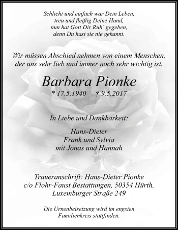 Anzeige von Barbara Pionke von Kölner Stadt-Anzeiger / Kölnische Rundschau / Express
