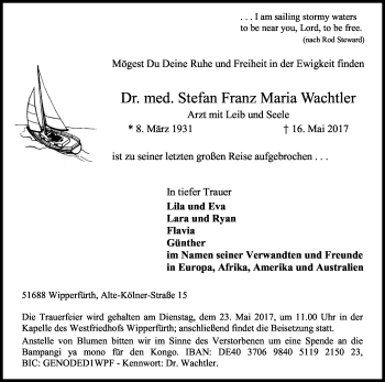 Anzeige von Stefan Franz Maria Wachtler von Kölner Stadt-Anzeiger / Kölnische Rundschau / Express