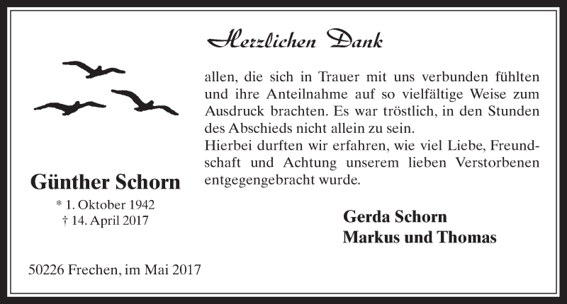  Traueranzeige für Günther Schorn vom 17.05.2017 aus  Wochenende 