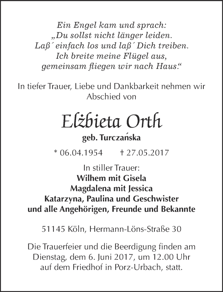  Traueranzeige für Elzbieta Orth vom 31.05.2017 aus  Kölner Wochenspiegel 