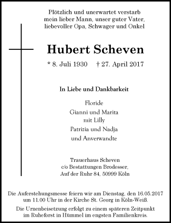 Anzeige von Hubert Scheven von  Kölner Wochenspiegel 